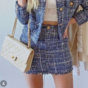 Zara Blue Boucle Tweed Fringe Mini Skirt Womens XS Pockets Front Zip